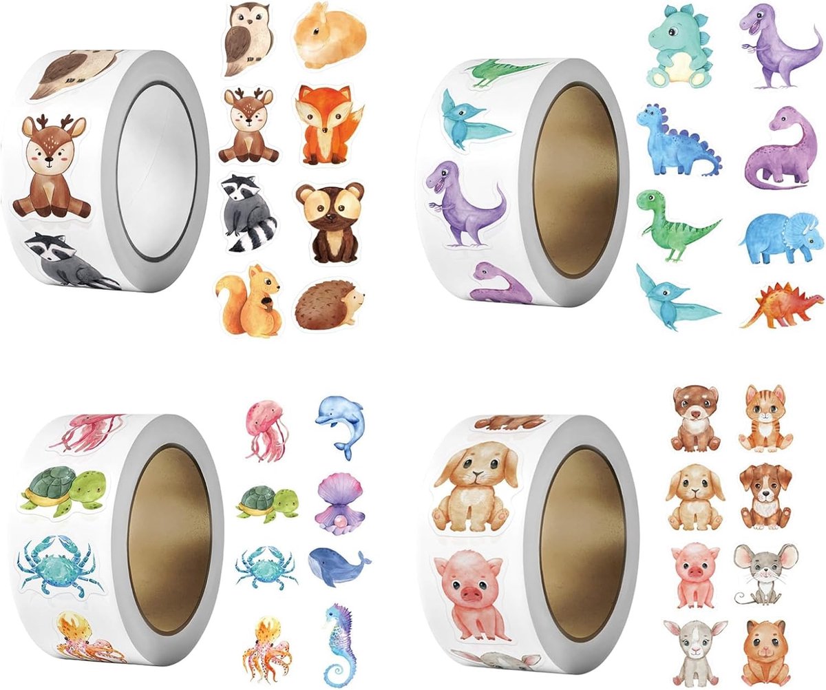 4 rollen 2000 stuks dierenstickers, rol, motivatiestickers voor kinderen, beloningsstickers met 32 dieren - ShopVlot