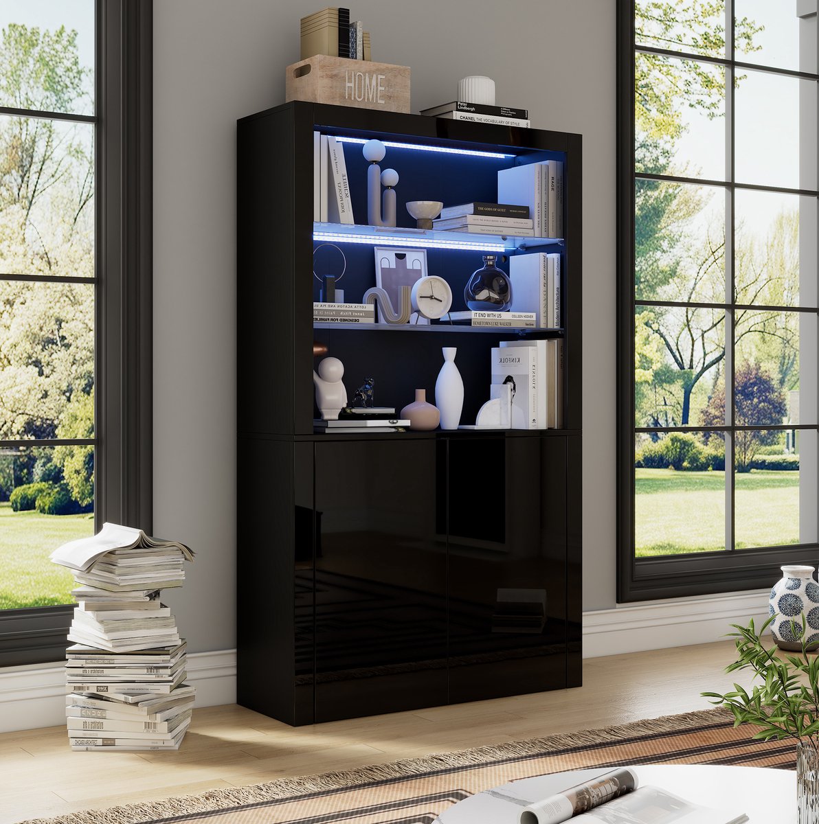 REDOM - Vitrinekast - LED-verlichting - 2 deuren - Hoogglans front - Moderne stijl - Woonkamer - MDF, spaanplaat en glas - Zwart - 100 x 35 x 170 cm