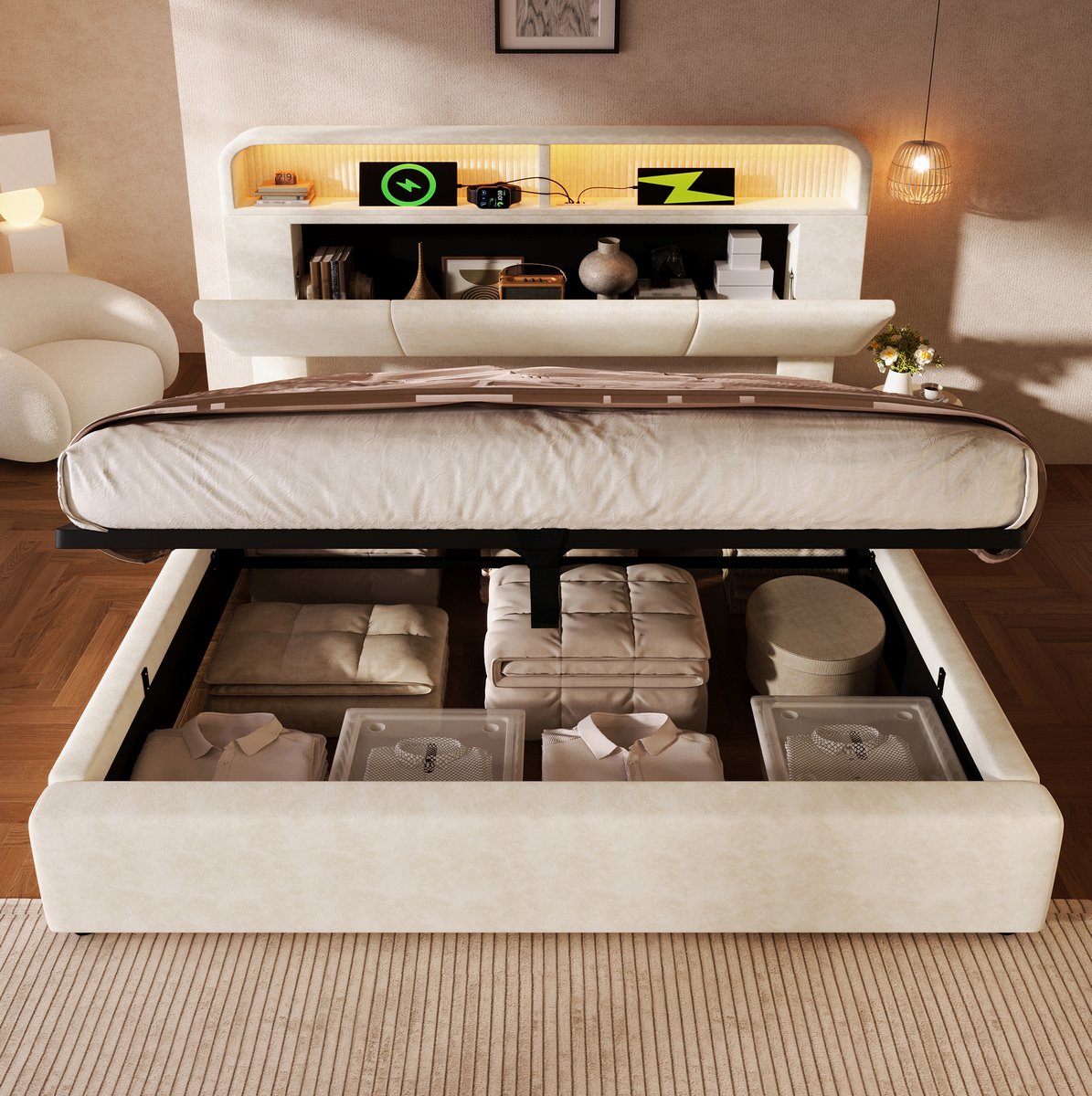 REDOM - Bedframe met opbergruimte en verstelbaar hoofdeinde - Hydraulisch opklapbaar bed met LED-verlichting en USB/Type-C laadstation - Met lattenbodem - Stof - Beige - 211 x 185 x 110 cm