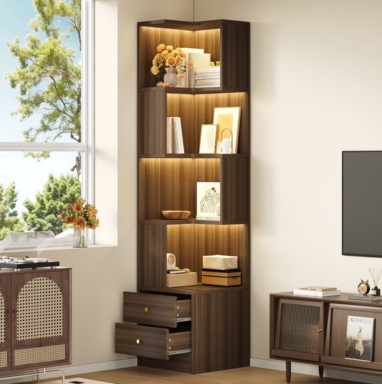 MODENUIT Hoekrek - L-Vormig Design Met LED En 2 Laden - Woonkamer En Kantoor - MDF - Bruin - 45x43,5x180 Cm — afbeelding 4