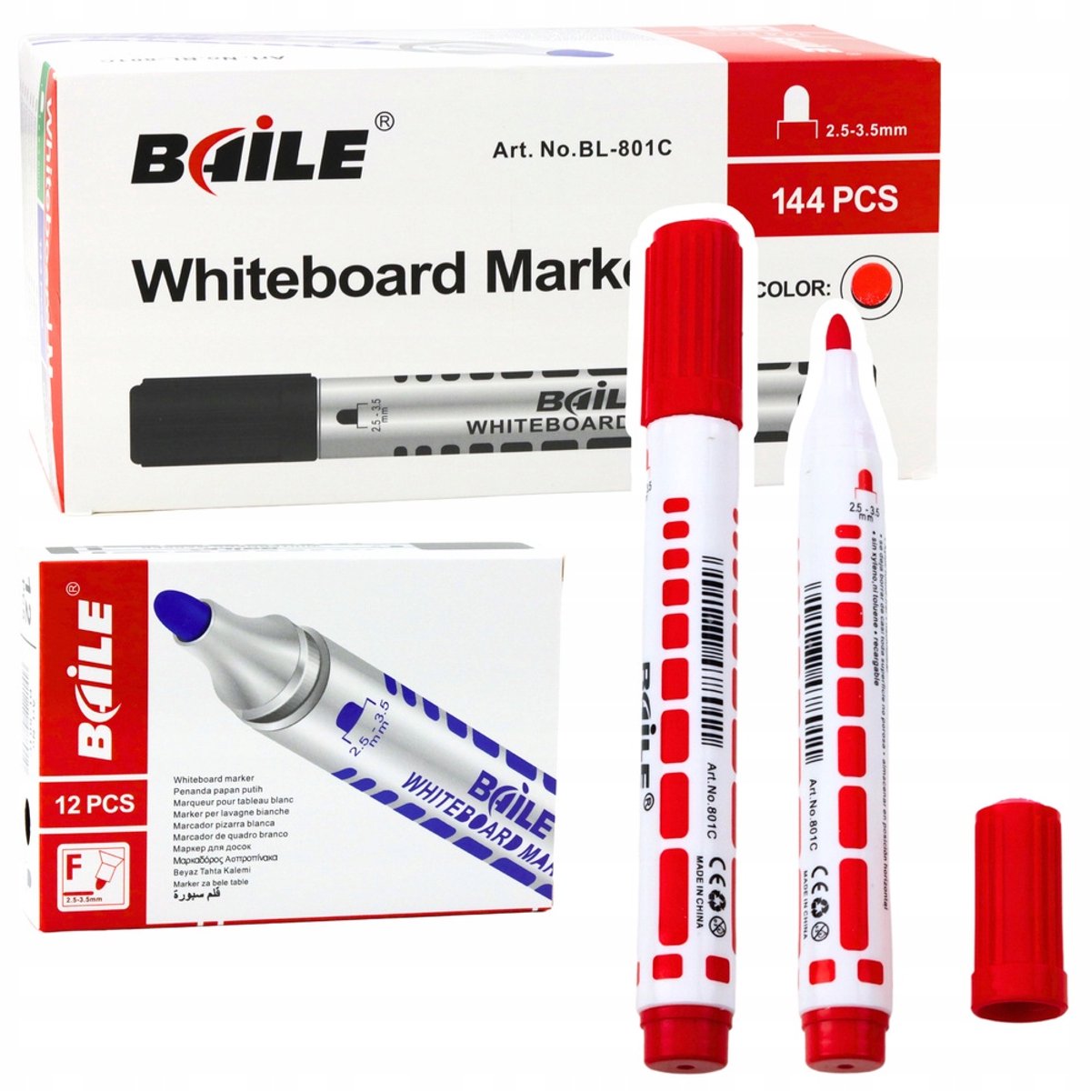 Set van 12 rode whiteboard markers, droog uitwisbaar
