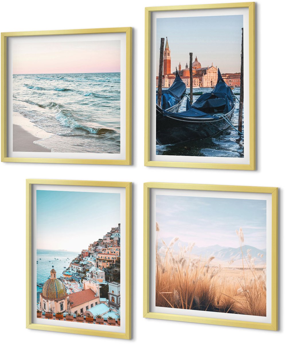 Coloray 4-Delige Schilderij Set - Uitzicht op zee, Italiaanse architectuur, Venetië - 40 x 40 cm en 40 x 60 cm - Muurdecoratie - Wanddecoratie - Slaapkamer - Interieur Decoratie