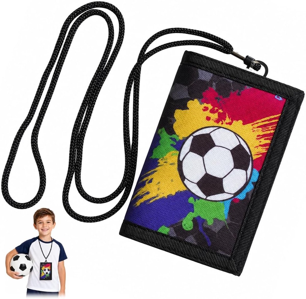 Voetbalportemonnee voor kinderen met sleutelhanger en sleutelkoord, om om de hals te dragen of aan een rugzak vast te - ShopVlot