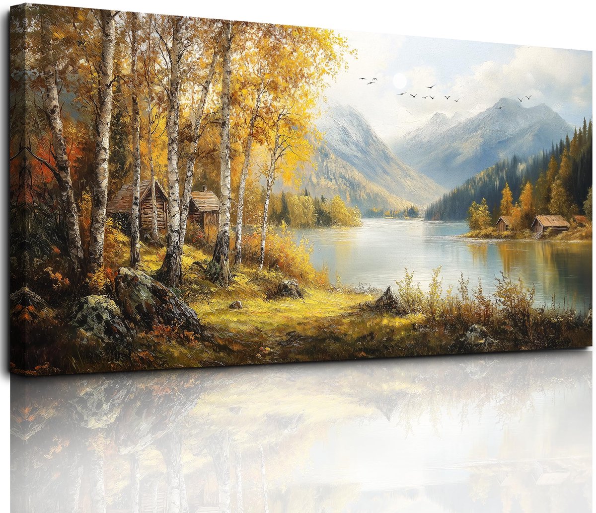 Famanu – Modern schilderij groot 50x100 cm, afbeelding van een landelijke rivieroever op canvas, wanddecoratie voor woonkamer, slaapkamer en badkamer
