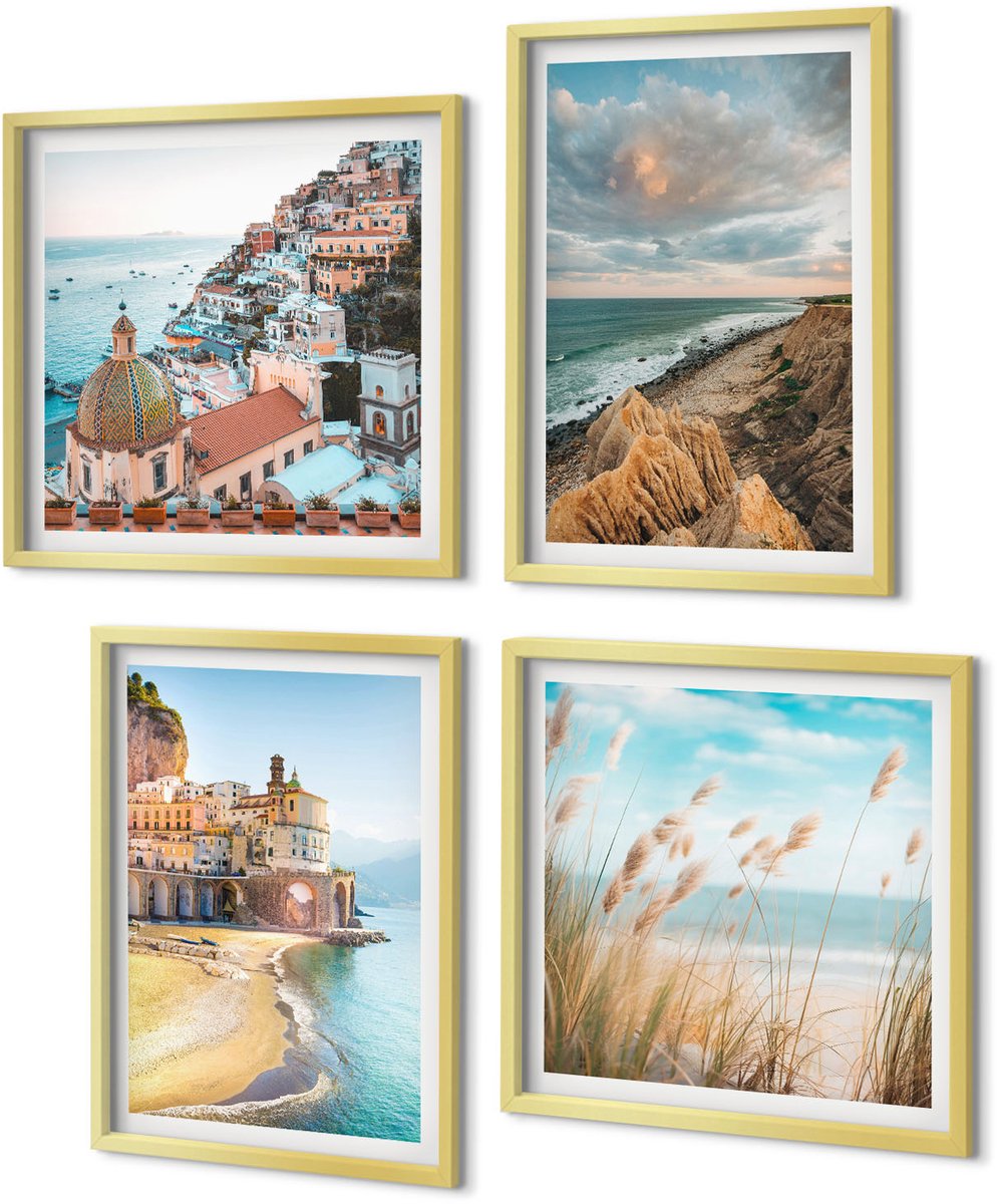 Coloray 4-Delige Schilderij Set - Kustlandschappen met strand, stad en kliffen - 40 x 40 cm en 40 x 60 cm - Wanddecoratie - Schilderijen Set - Kantoor - Interieur Decoratie
