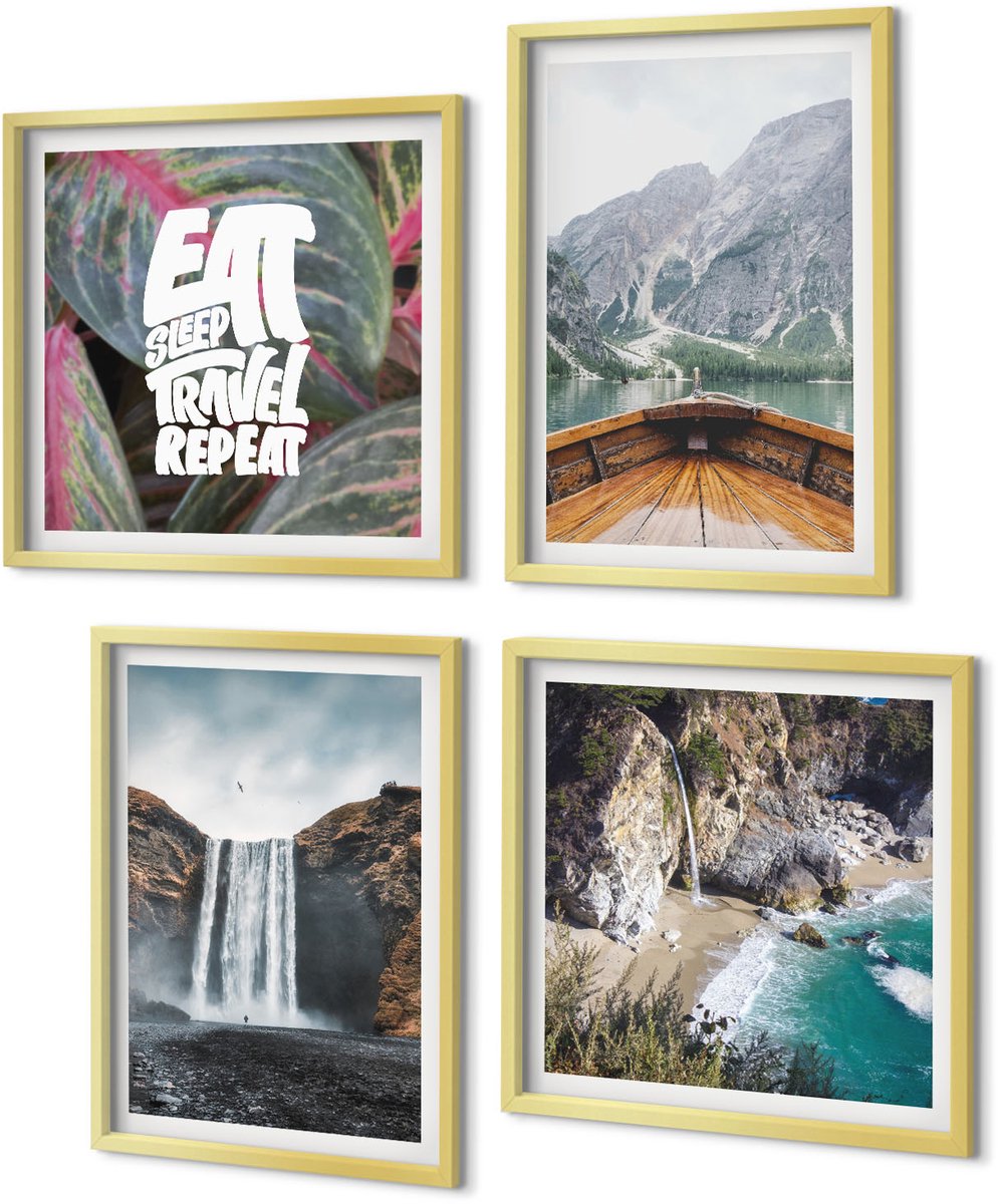 Coloray 4-Delige Schilderij Set - Waterval Bergen Reizen Natuur Lodz | Vegetatie - 40 x 40 cm en 40 x 60 cm - Muurdecoratie - Interieur Decoratie - Stijlvolle Muurdecoratie