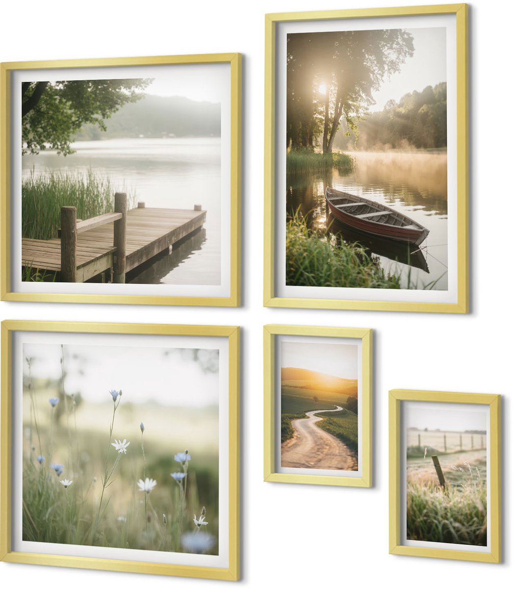 Coloray 5-Delige Schilderij Set - Rustgevende Natuurlandschappen Met Water En Groen. - 50 x 50 cm, 20 x 30 cm En 40 x 60 cm - Muurdecoratie - Decoratieve Schilderijen - Wohnzimmer - Interieur Decoratie