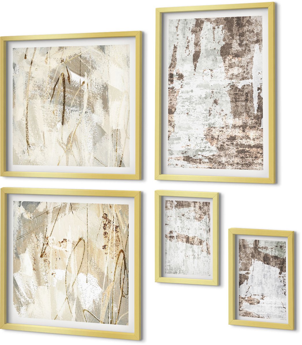 Coloray 5-Delige Schilderij Set - Abstracte Composities In Neutrale En Natuurlijke Tinten - 50 x 50 cm, 20 x 30 cm En 40 x 60 cm - Decoratieve Schilderijen - Wanddecoratie - Hal