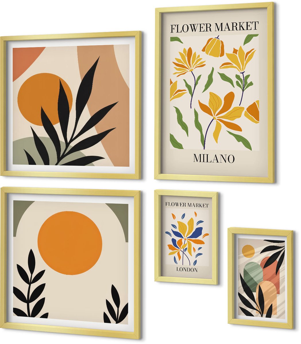 Coloray 5-Delige Schilderij Set - Bloemmotieven En Abstracte Composities In Boho-Stijl - 50 x 50 cm, 20 x 30 cm En 40 x 60 cm - Moderne Wanddecoratie - Slaapkamer - Decoratieve Schilderijen