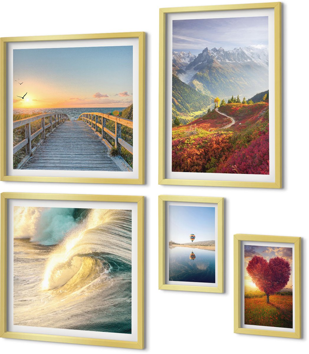 Coloray 5-Delige Schilderij Set - Landschappen Natuur Bergen Harten Golven Ballonnen - 50 x 50 cm, 20 x 30 cm En 40 x 60 cm - Moderne Wanddecoratie - Woonkamer - Woonkamer Decoratie