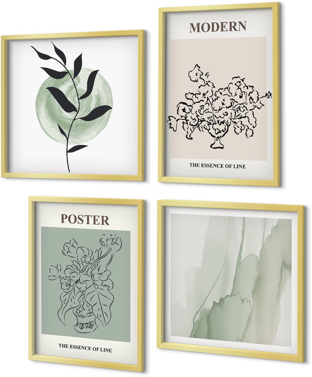 Coloray 4-Delige Schilderij Set - Bloemen in een vaas in een moderne en minimalistische stijl. - 40 x 40 cm en 40 x 60 cm - Wanddecoratie - Schilderijen Set - Interieur - Muurdecoratie