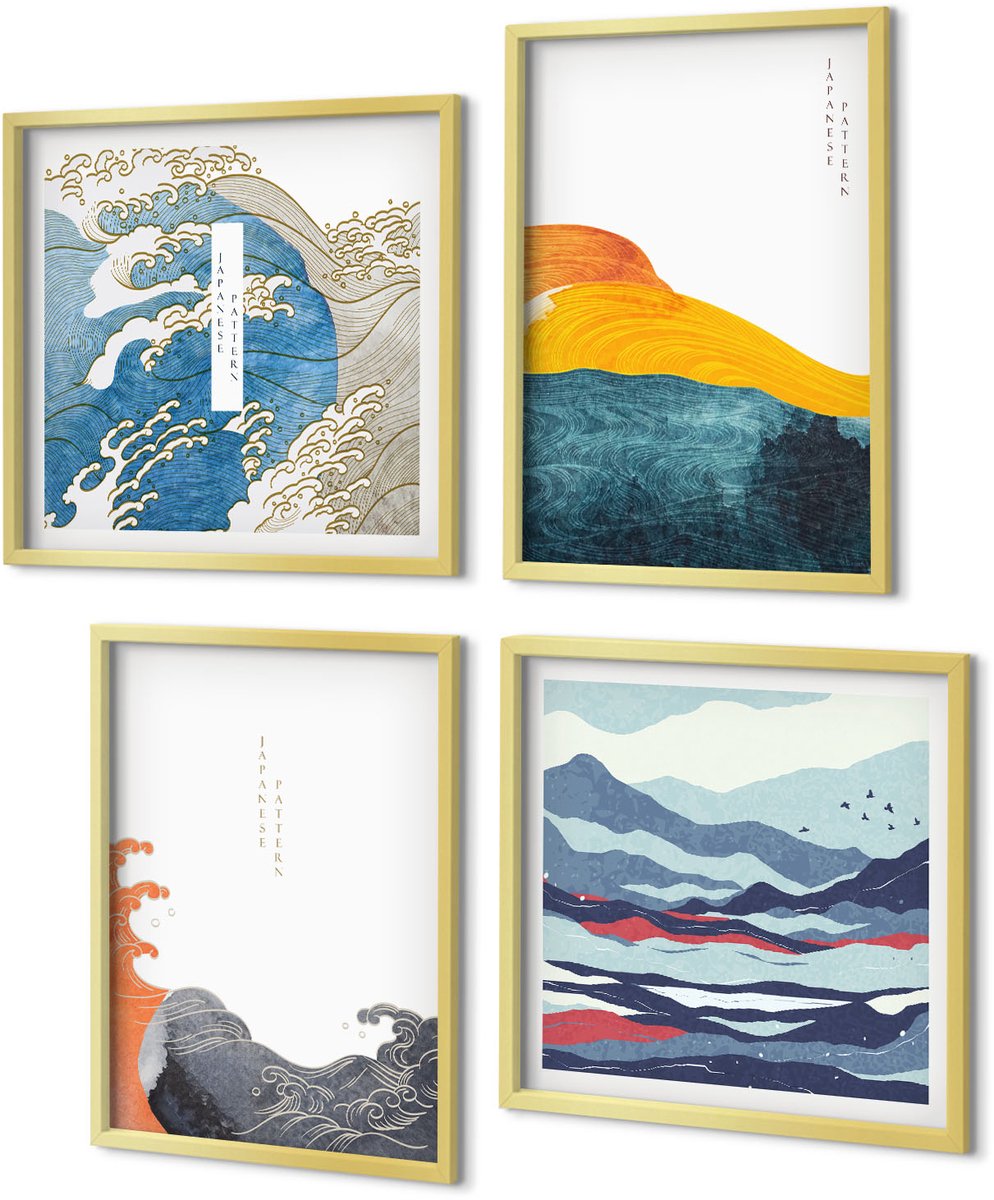Coloray 4-Delige Schilderij Set - Golven en kunst in Japanse grafische stijl - 40 x 40 cm en 40 x 60 cm - Stijlvolle Wanddecoratie - Interieur - Moderne Wanddecoratie