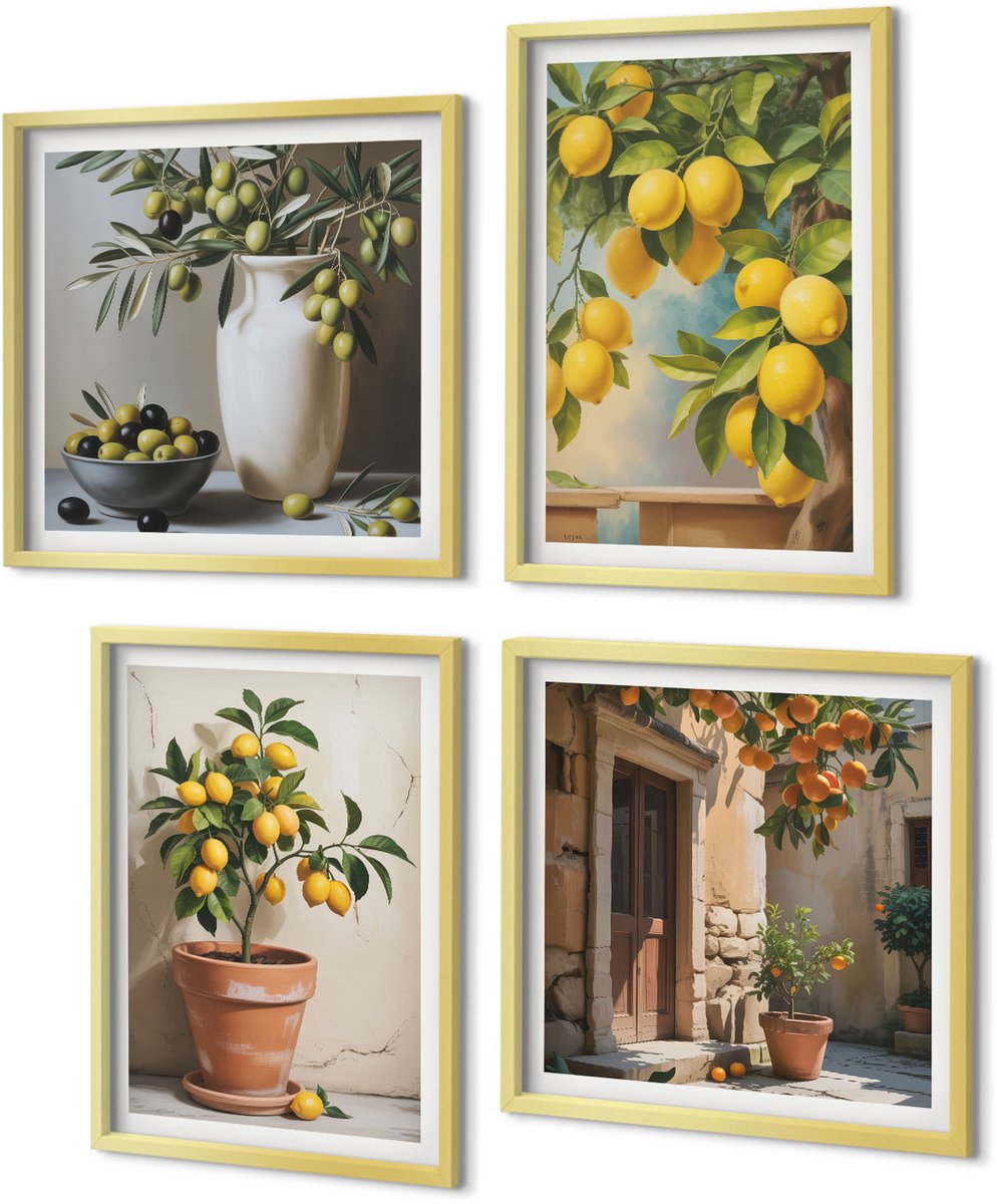 Coloray 4-Delige Schilderij Set - Citroenbomen in potten en vazen - 40 x 40 cm en 40 x 60 cm - Muurdecoratie - Schilderijen Set - Woonkamer - Moderne Wanddecoratie