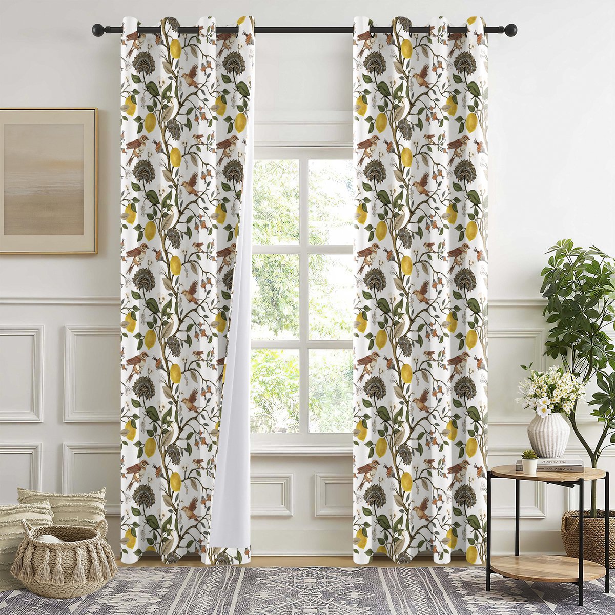 MUPOO verduisterende gordijnen set van 2, 127 x 240 cm per paneel, wit polyester met citroen-, bloemen- en vogelprint, 100% lichtblokkerend met thermische voering en 8 bronzen ringen voor gordijnroede, slaapkamer en woonkamer