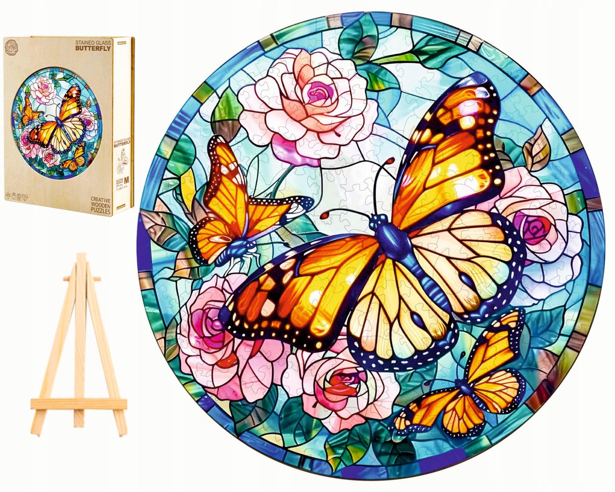 Houten Puzzel Vlinders 280 Stukjes - Glas-in-lood in Houten Kist