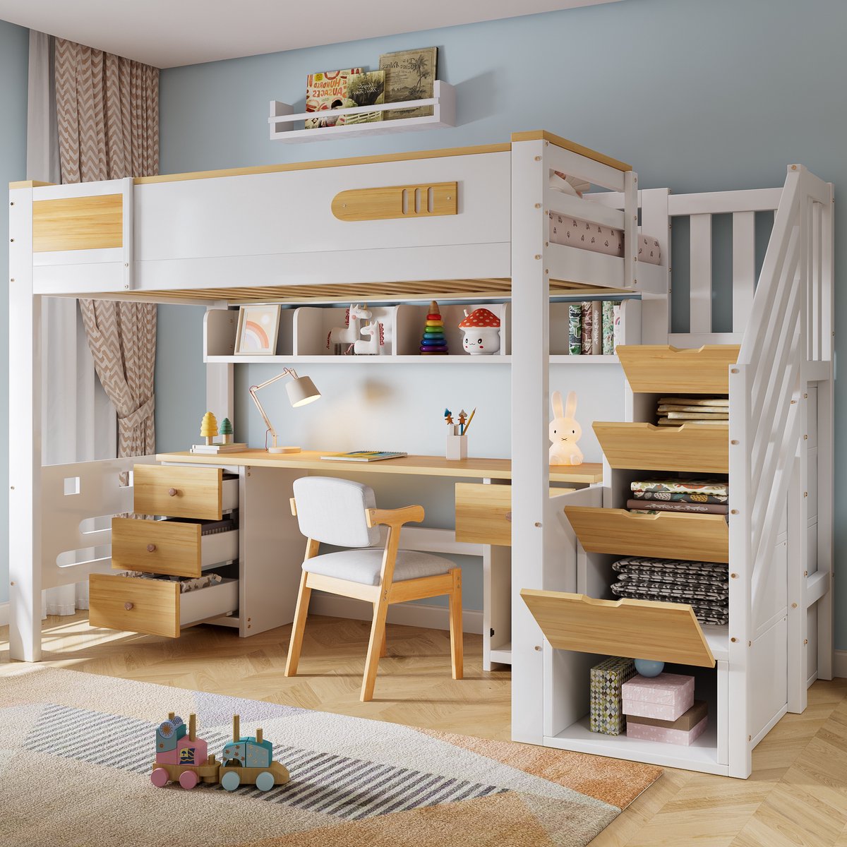 Hoogslaper - 90 x 200 cm - 1-persoons - met bureau - met opbergruimte - met trap - Wit en Naturel