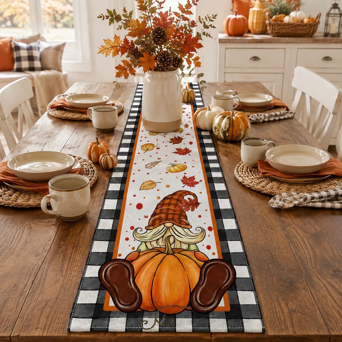 Tafelloper linnen 33x183cm zwart wit ruit pompoen kabouter cartoon herfst tafeldecoratie speels eettafel decoratie - ShopVlot