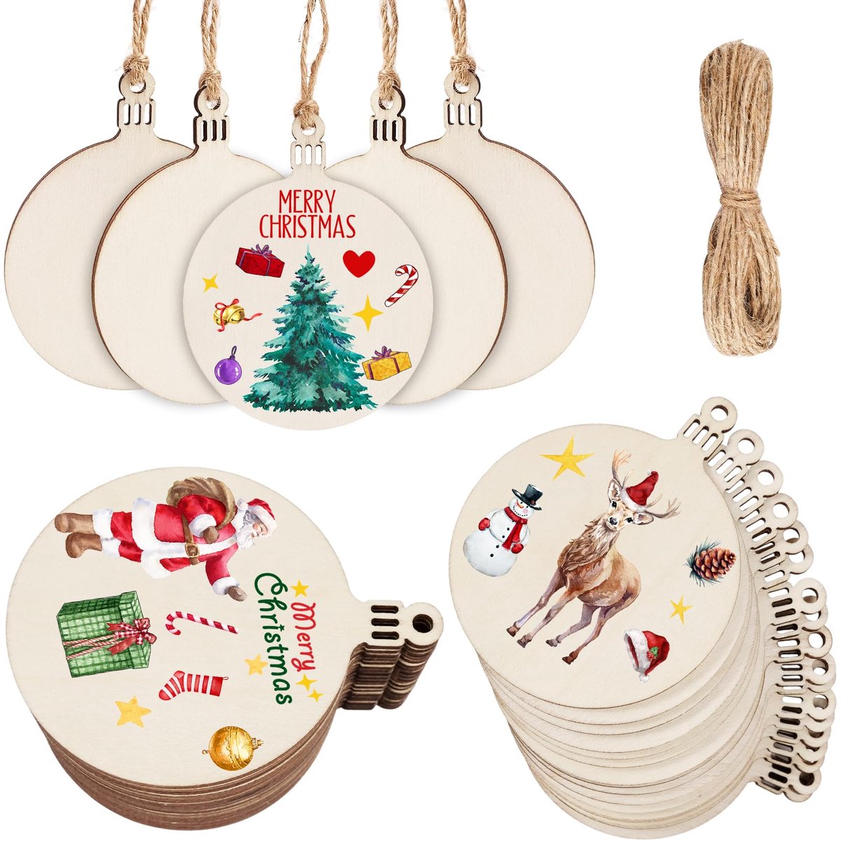 HOLDLEAF Houten kerstballen, diameter 7 cm, met gat, incl. jute koord, blanco houten hangers om te beschilderen en te - ShopVlot