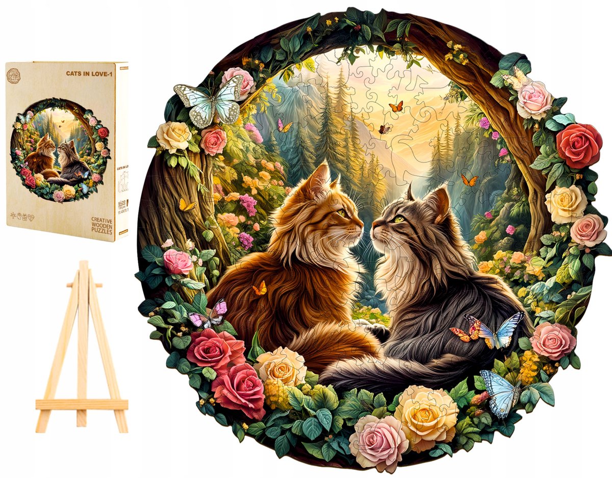 Houten Puzzel 270 Stukjes - Romantische katten in Houten Kist