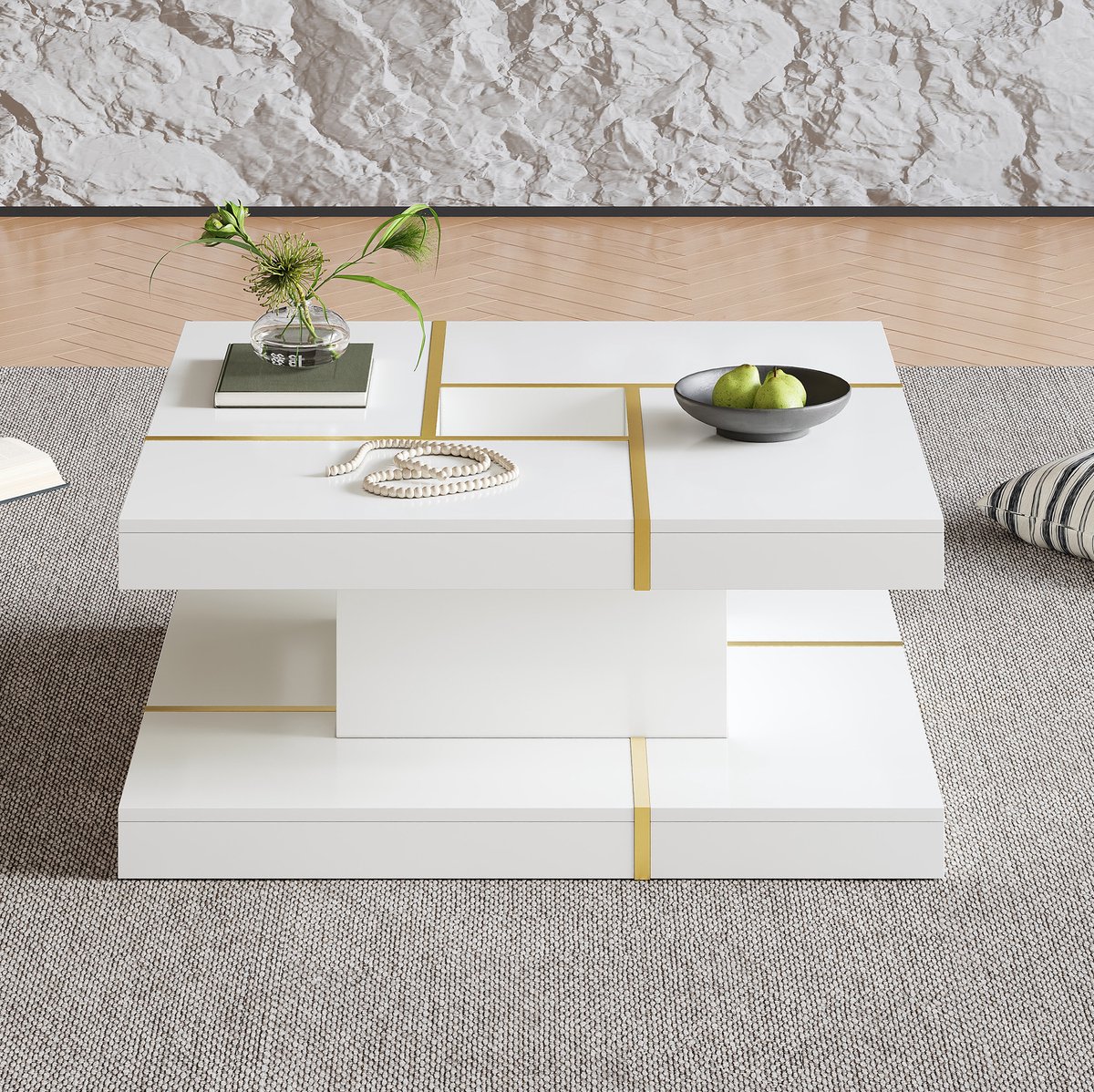MIVRAY Salontafel - Dubbel Laags Vierkant Design Met Gouden Accenten En Middenvak - Voor Woonkamer - Spaanplaat - Wit - 80x80x38 Cm