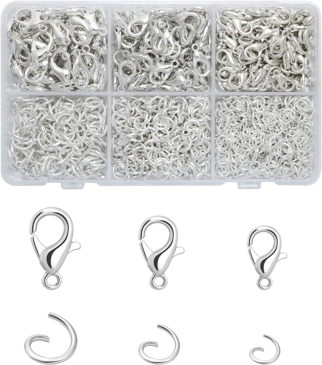 Set karabijnhaken en buigringen, sieradensluitingen voor halskettingen, armbanden, sleutelhangers, metaal - ShopVlot