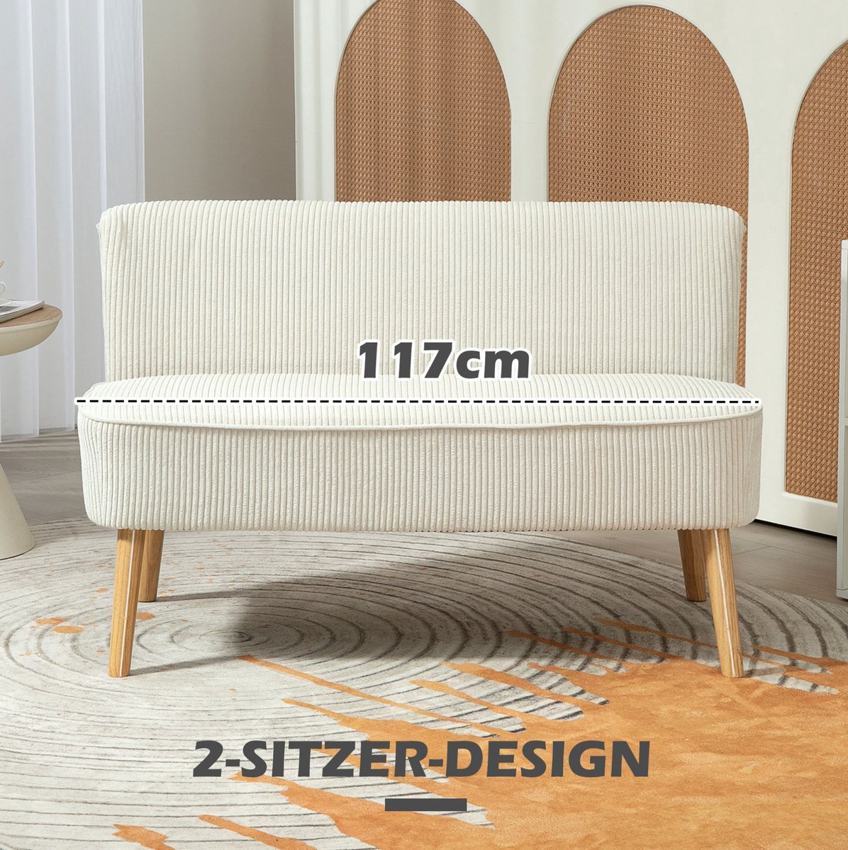 DESMIU 2-Zits Bank 117 Cm - Zacht Gestoffeerd Met Houtframe - Voor Woonkamer En Slaapkamer - Stof - Crèmewit