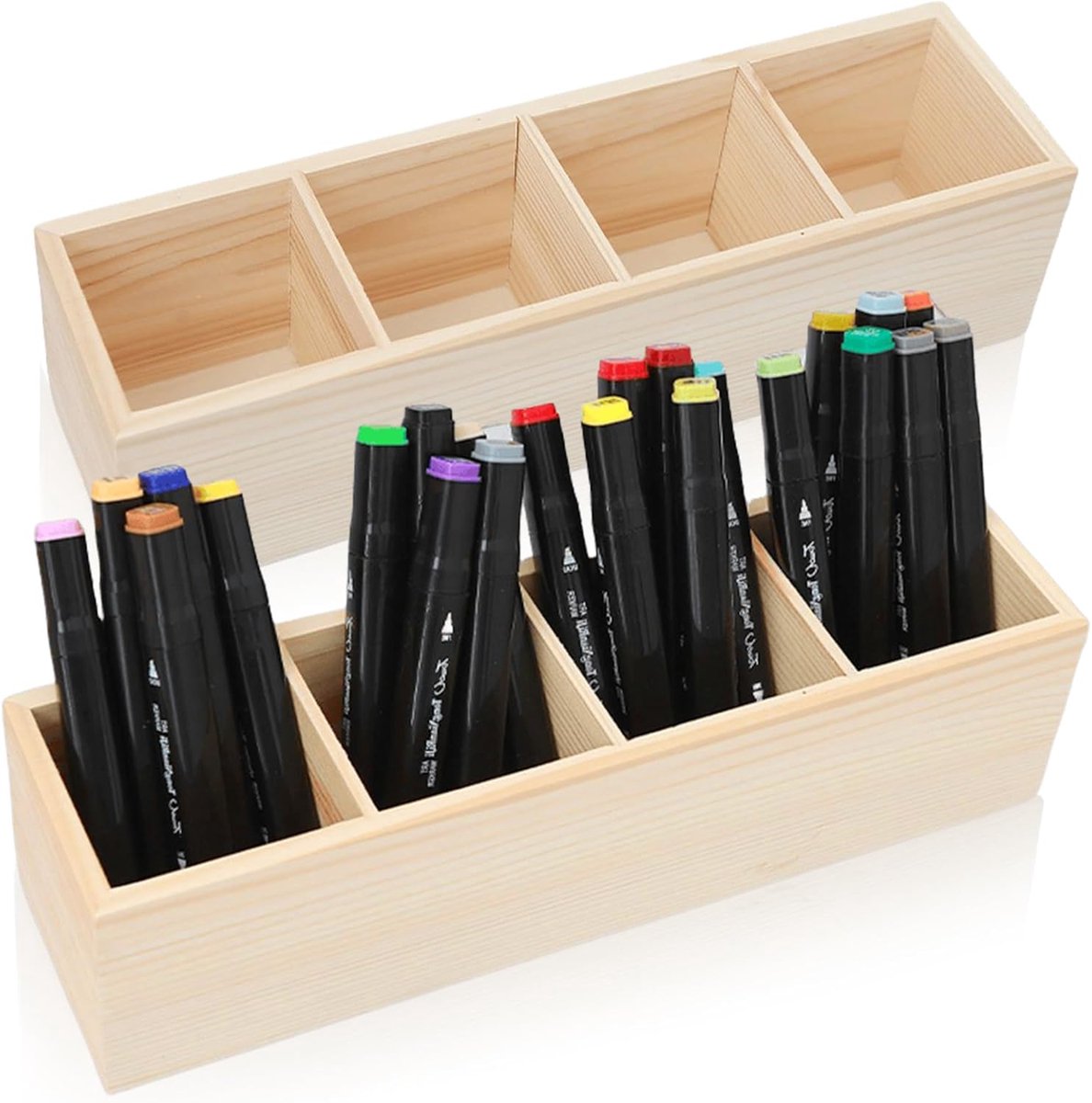 Set van 2 vierkante houten pennenhouders - 4 vakken - bureau-organizer - houten pennenhouder - ShopVlot