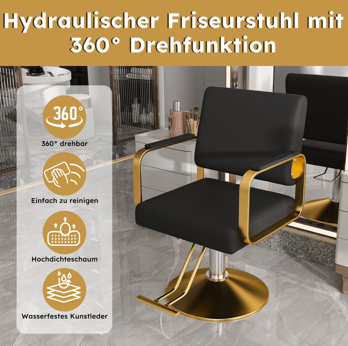 OKWISH Kappersstoel – Hydraulische Salonstoel Met 360 Graden Draaifunctie – Met Vaste Armleuningen – Kunstleer En Metaal – Zwart Goud