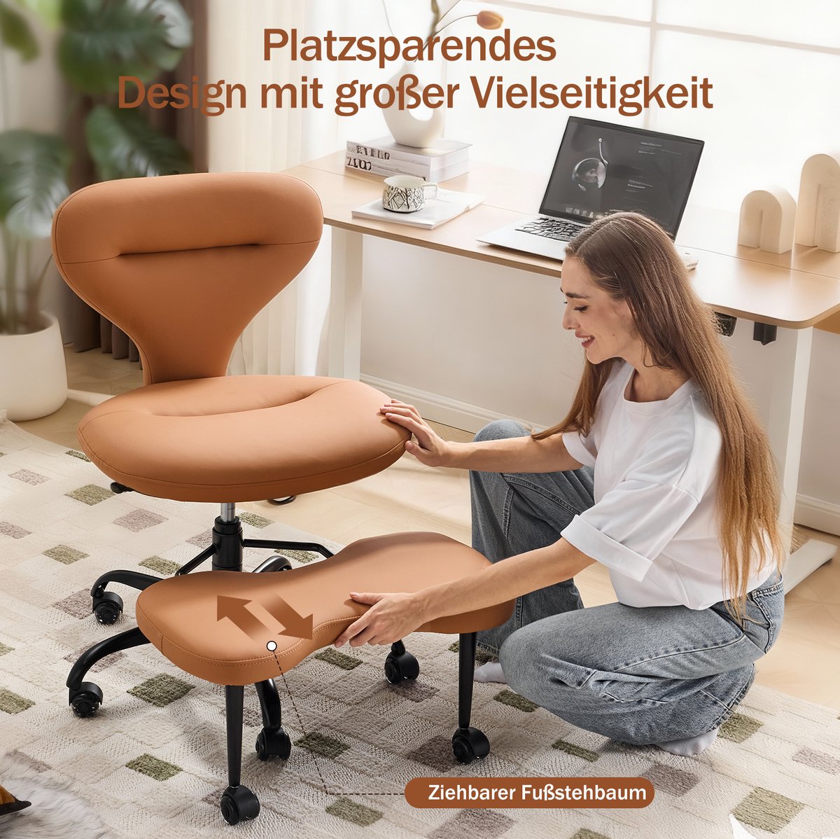 FloraGrace Bureaustoel – 360° Draaibaar En In Hoogte Verstelbaar – Zonder Armleuningen – Voor Thuiswerk, Yoga En Meditatie – Kunstleer – Oranje thumbnail 2
