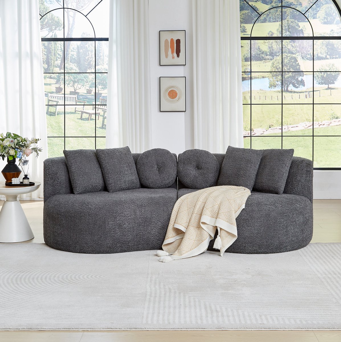DESMIU Bank - Modulaire 3-Zits - Geschwungene Cashew-Vorm Zonder Armleuningen - Voor Woonkamer En Speelkamer - Chenille - Anthraciet