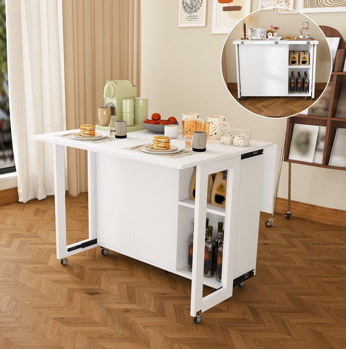 MIVRAY Eettafel - Opvouwbare Multifunctionele Keukentafel Met Wielen En Ruime Opbergruimte - Wit MDF - 105 x 100 x 75 Cm