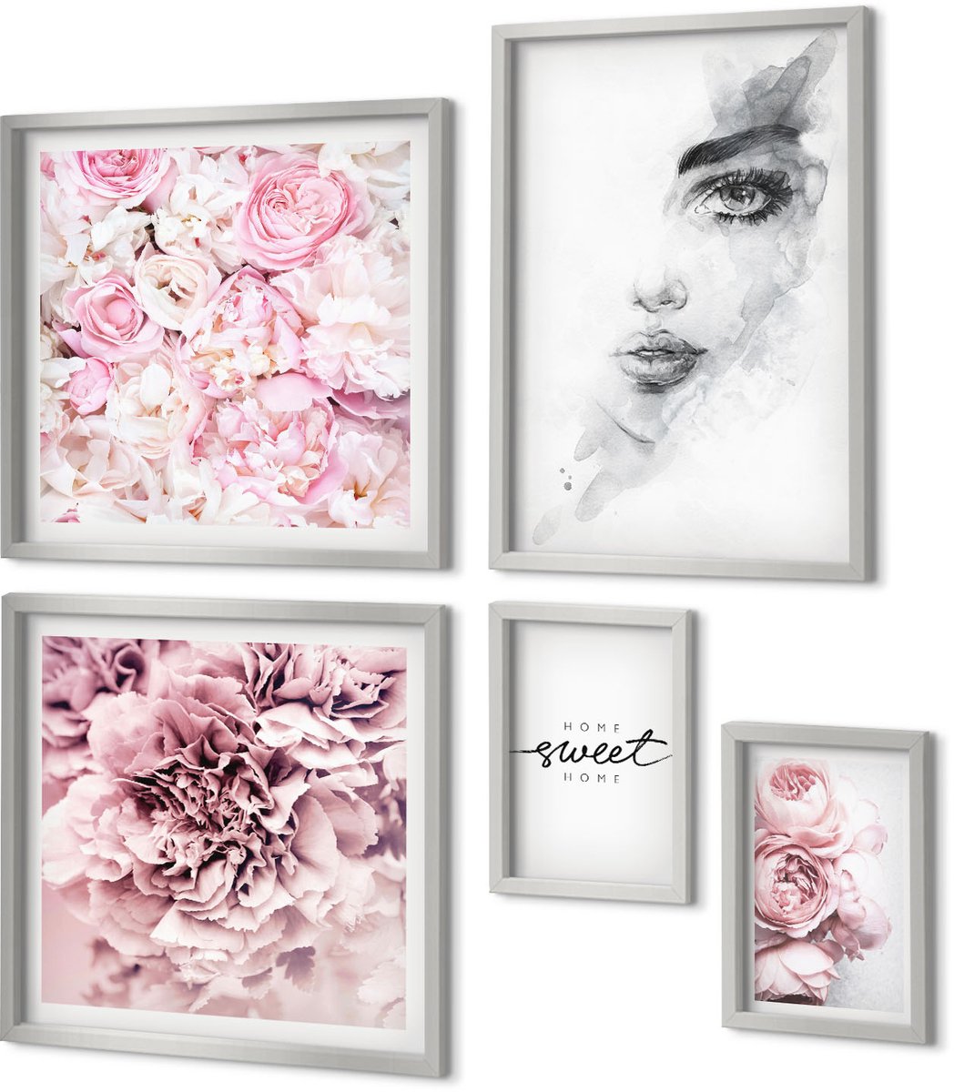 Coloray 5-Delige Schilderij Set - Delicate Peonies Zwart-Wit Portret Van Een Vrouw - 20 x 30 cm - Muurdecoratie - Interieur Decoratie