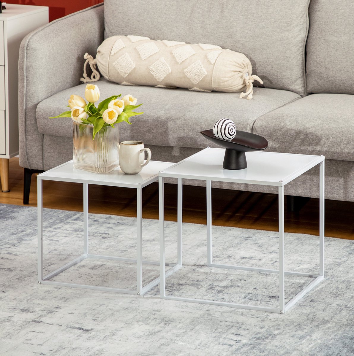 MIVRAY Bijzettafel Set Van 2 Modern Vierkant Met Stalen Frame Wit 40 X 40 X 40 Cm Voor Woonkamer