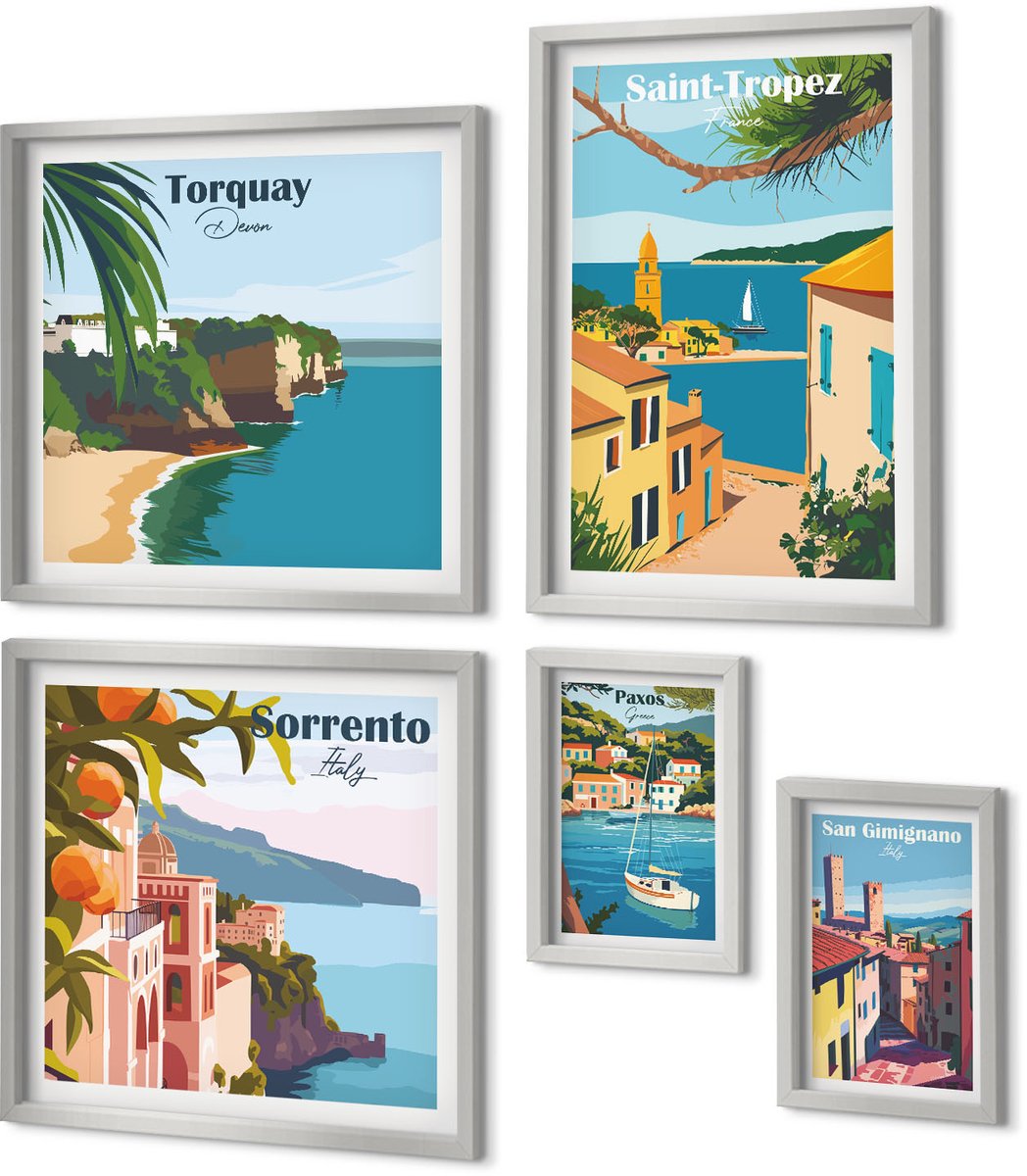 Coloray 5-Delige Schilderij Set - Bloemmotieven Uit Verschillende Steden Over De Hele Wereld - 20 x 30 cm - Wanddecoratie - Woonkamer Decoratie - Interieur Decoratie Zilveren lijst