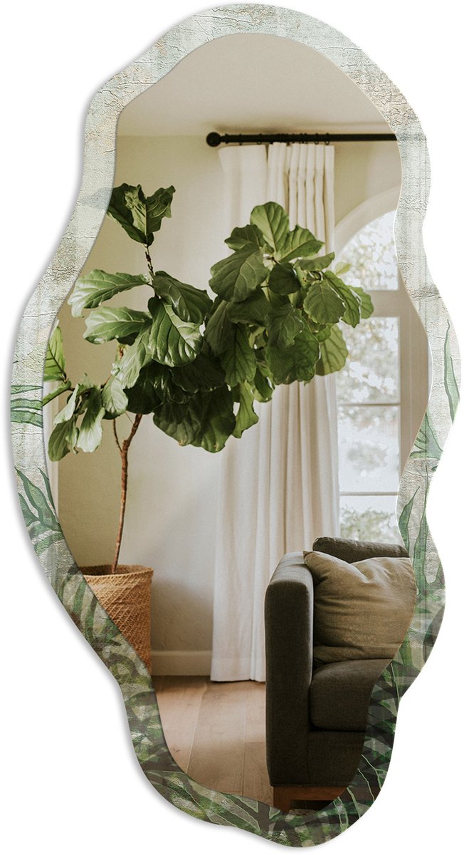 TULUP Tropische Varen Spiegel - Groen Rechthoekige Spiegel Voor Interieur - Organische Spiegel - Slaapkamer, Woonkamer, Badkamer - Schilderachtig - 45x90 cm - Totale afmeting 52x97 cm Tropische Varen, Groen