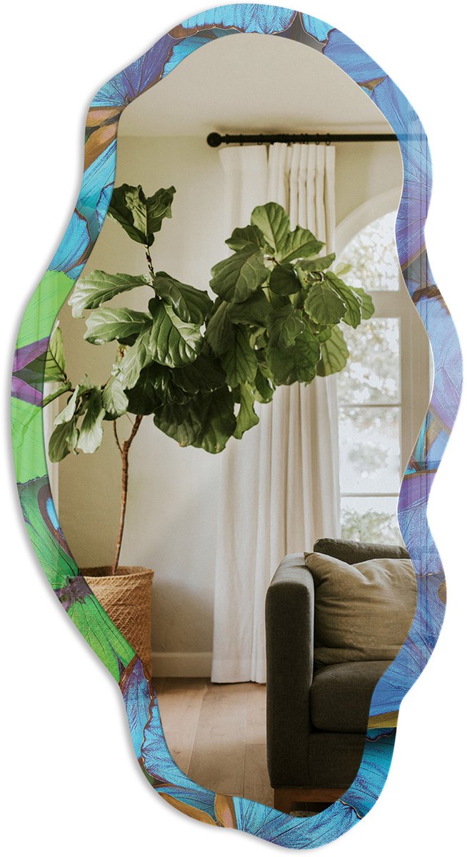 TULUP Vlinderenergie Spiegel - Blauw Rechthoekige Spiegel Voor Interieur - Organische Spiegel - Slaapkamer, Woonkamer, Kantoor - Illustratief - 45x90 cm - Totale afmeting 52x97 cm Energievlinders, Blauw