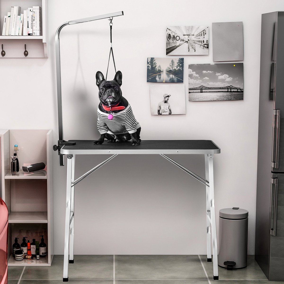 REDOM - Trimtafel voor honden - Verstelbare arm en aanlijnlus - Inklapbaar - Antislip en krasbestendig - Voor thuis en trimsalon - Staal en aluminium - Zwart en wit - 90 x 60 x 76 cm