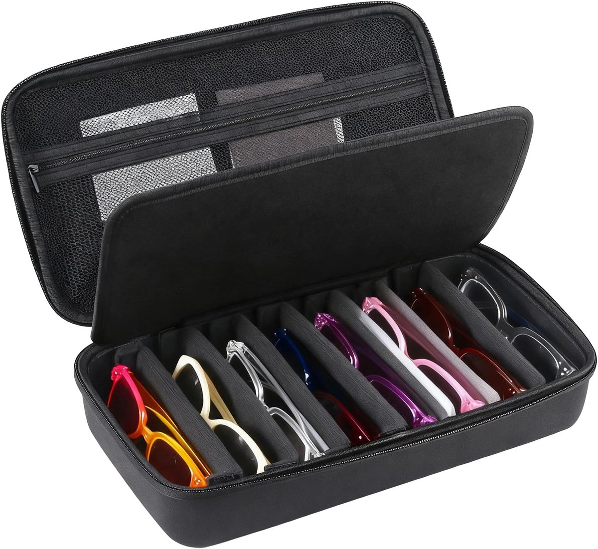 Opbergdoos voor brillen 31 x 17 cm - Verstelbare vakken - Maximaal 8 brillen - Inclusief mesh zak voor sieraden - ShopVlot