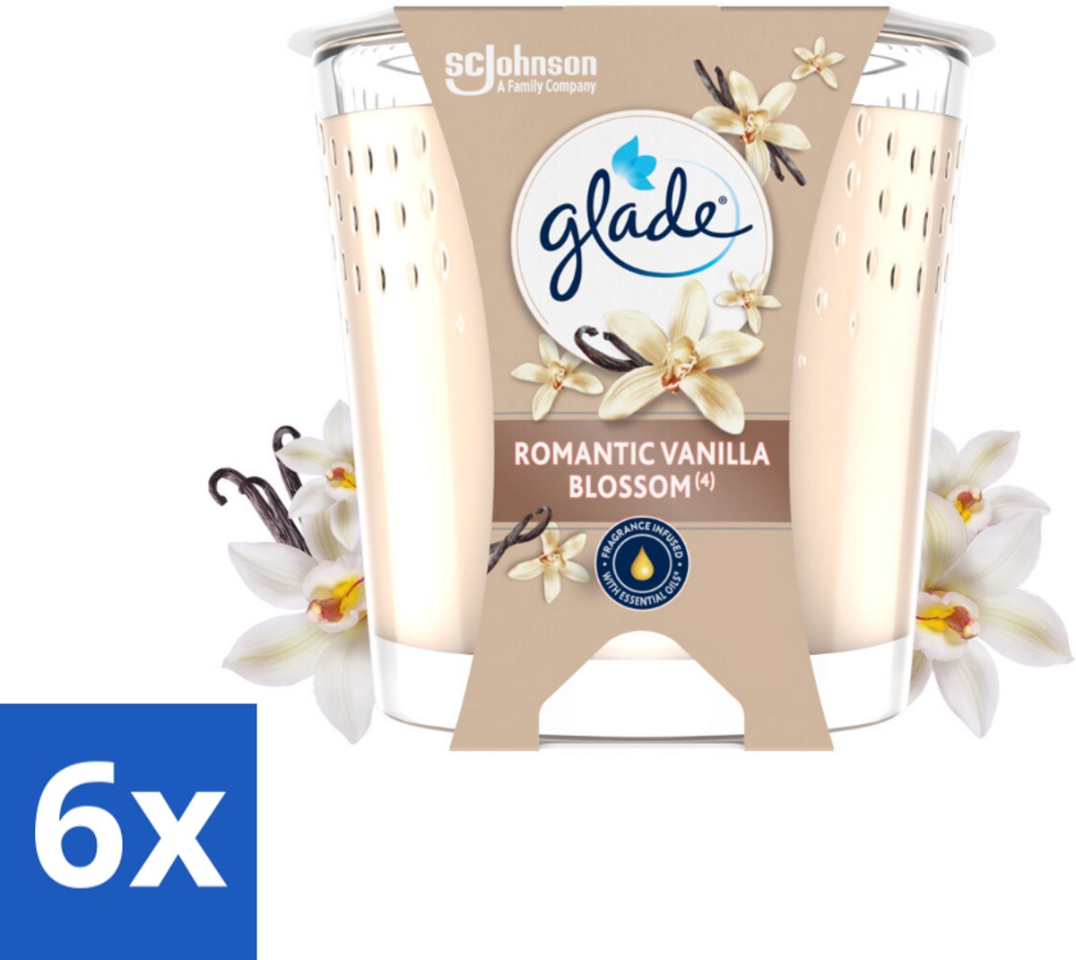 6 x Glade - Geurkaars Romantic Vanillebloesem - 100% Raapzaadwas & Vegan - 112 g - Geurkaars - Vanille Geur - Amber Geur - Vegan Kaars - Biologische Kaars