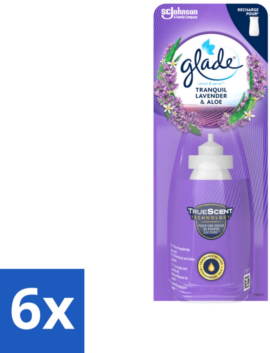 6 x Glade - Sense & Spray Navulling - Tranquil Lavender & Aloë - 18 ml - Glade Sense & Spray - Lavendel Geur - Aloë Vera Geur - Luchtverfrisher - Geurspuit