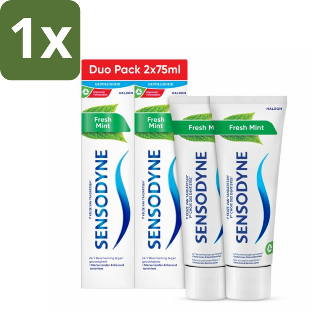 1 x Sensodyne - Tandpasta - Fresh Mint - Frisse Munt - Duopack - 2 x 75 ml - Gevoelige Tanden - Tandpasta - Frisse Munt - Fluoride - Tandplak