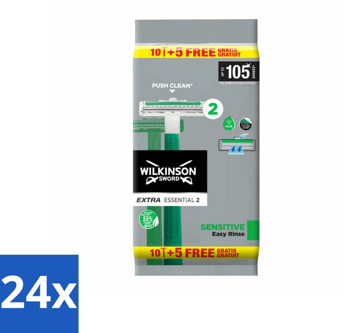 Wilkinson - Wegwerpscheermesjes - Extra Essential 2 Sensitive - Zacht - 15 mesjes - Voordeelverpakking - 24 stuks