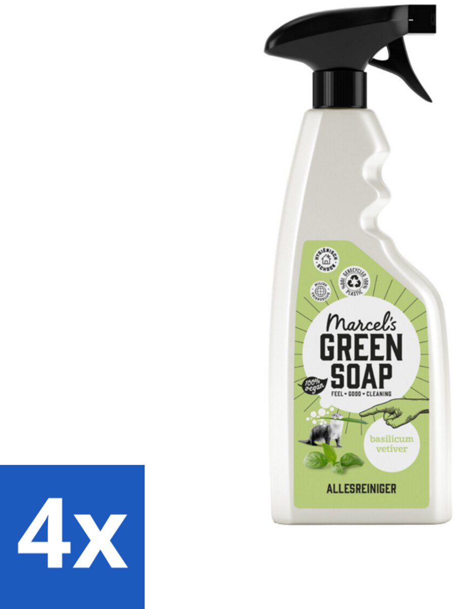 4 x Marcel's Green Soap - Allesreiniger Spray - Basilicum & Vetiver gras - Natuurlijk & effectief - 500 ml - Allesreiniger - Schoonmaakspray - Milieuvriendelijk - Biologisch Afbreekbaar - Vegan