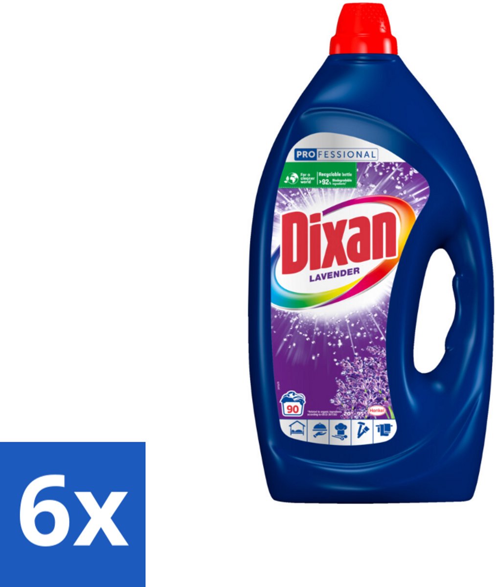 6 x Dixan - Vloeibaar wasmiddel - Fresh Lavender - Professional - 90 wasbeurten - Dixan - Wasmiddel - Lavendelgeur - Professioneel - Vloeibaar