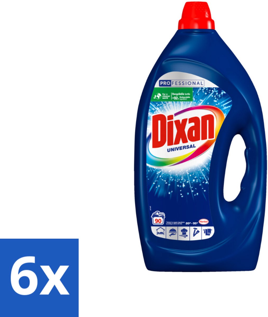 6 x Dixan - Vloeibaar wasmiddel - Alle Kleuren - 90 wasbeurten - Wasgel - Vloeibaar Wasmiddel - Dixan - Waskracht - Vlekken Verwijderen