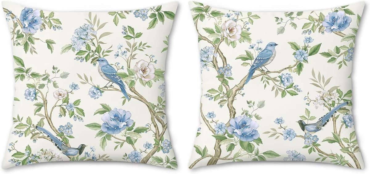 Bonhause Bloemen Vogels Kussenslopen 45 x 45 cm Blauw Groene Bloemen Vintage Boerderij Decoratieve Sierkussenhoezen - ShopVlot