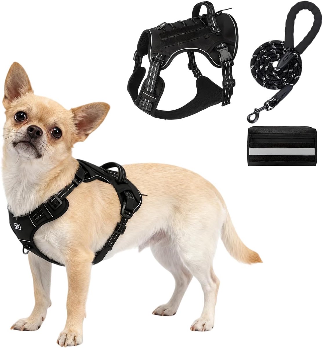 Hondentuig met Leash en Tactische Tas - Zacht Gevoerd - Geen Trek Tuig voor Wandelen Training - ShopVlot