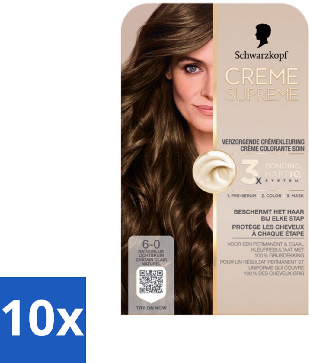 10 x Schwarzkopf - Haarkleuring - Creme Supreme 6-0 - Natuurlijk Lichtbruin - 245g - Haarkleuring - Natuurlijk Lichtbruin - Permanent Kleuren - Haarverzorging - Grijsdekking