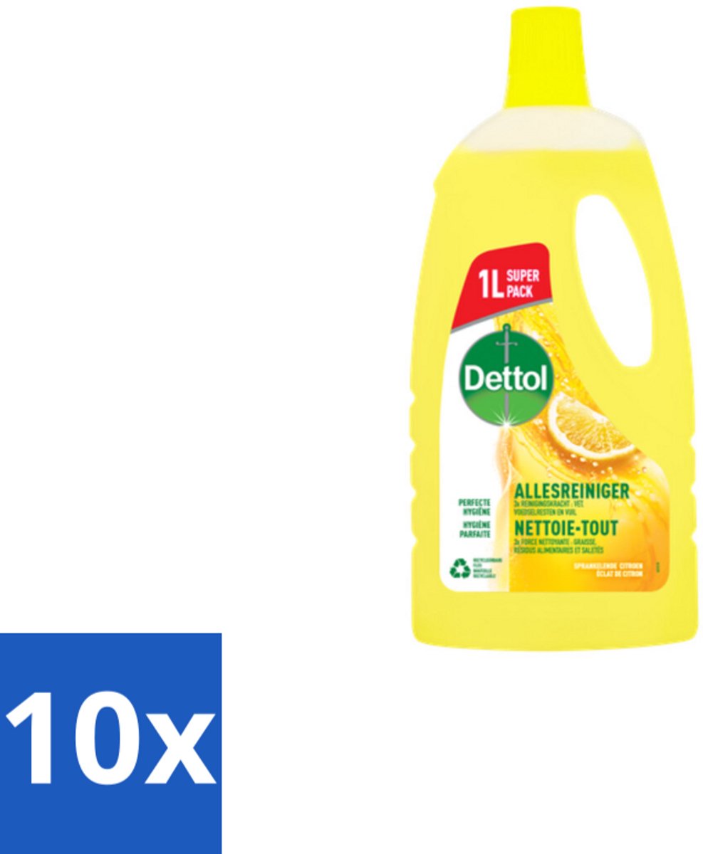 10 x Dettol - Allesreiniger - Citroen - Hygiënisch Schoon - 1 liter - Allesreiniger - Citroengeur - Hygiëne - Schoonmaak - Vet Verwijderen