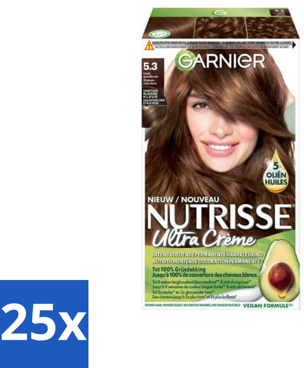 25 x Garnier - Nutrisse Ultra Crème 5.3 - Haarkleuring - Licht Goudbruin - Intens Voedend - Permanente Kleur - Haarkleur - Haarverf - Voedende Haarkleuring - Permanente Kleur - Grijsdekking